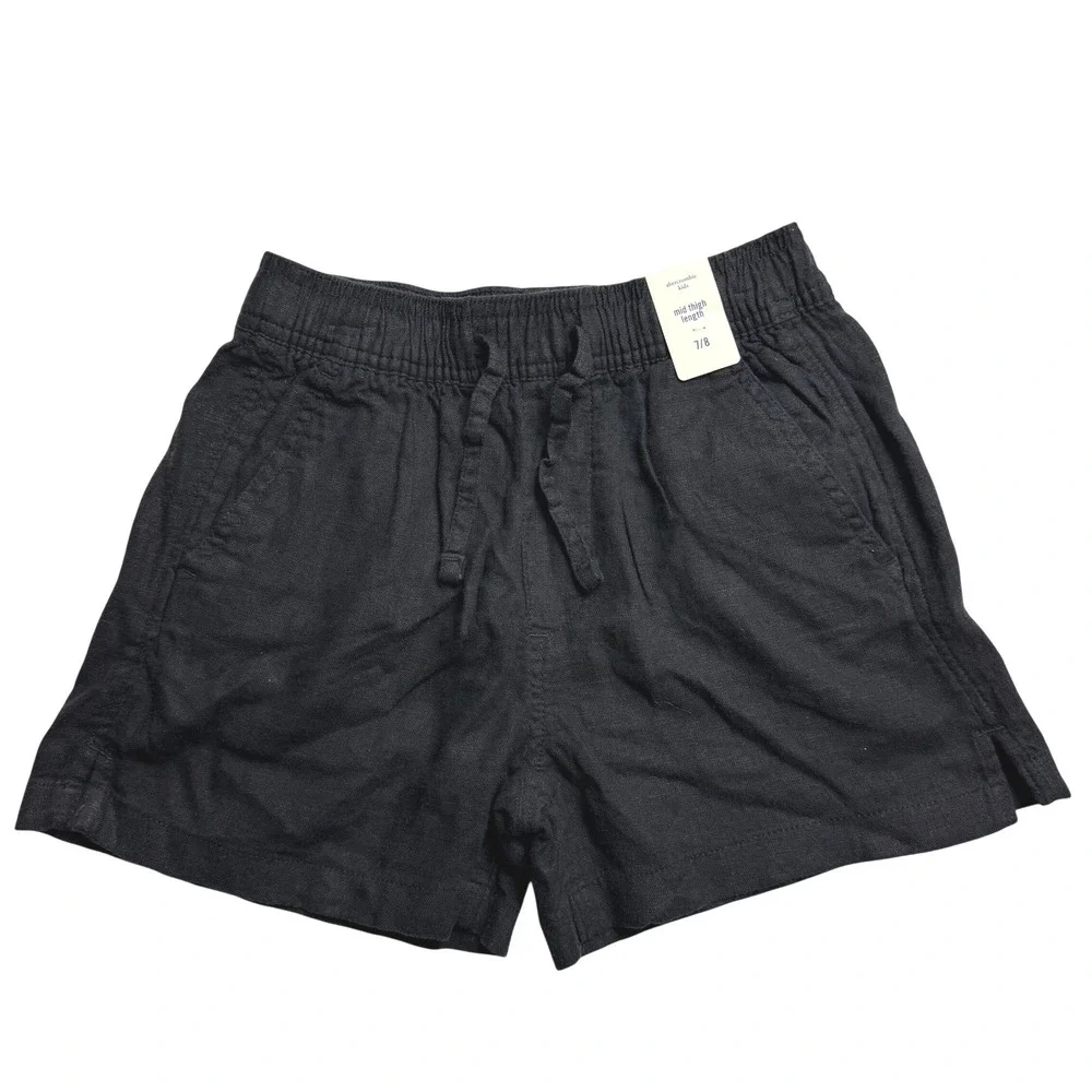 NWT Abercrombie Kids Black‎ Linen Blend Mid Thigh Shorts Elastic Waist Size 7/8